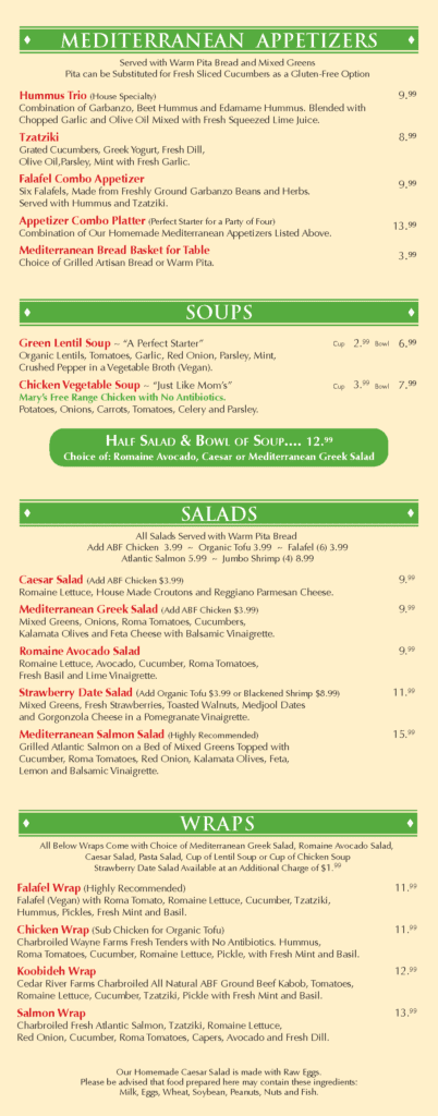Panini Kabob Grill’s menu for all locations, currently showing the soups, salads, and appetizers section