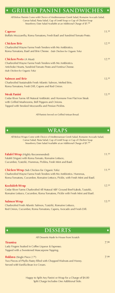 Panini Kabob Grill’s Corona Del Mar location menu, currently showing the wraps, paninis, and desserts