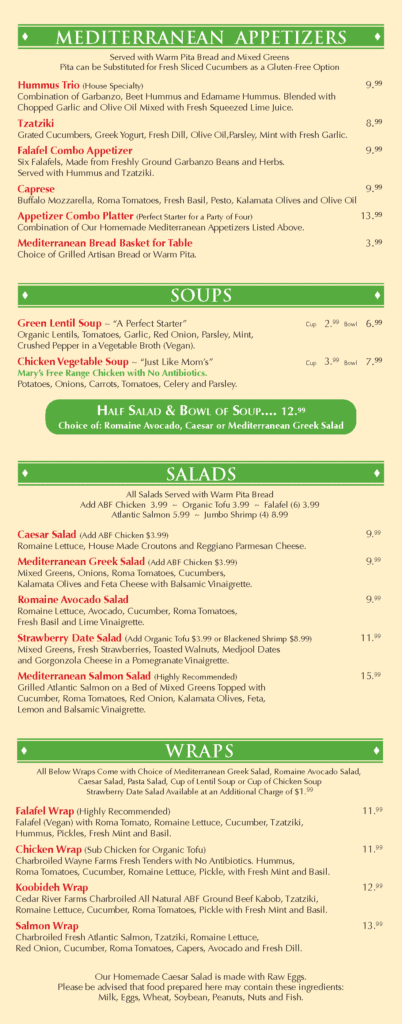 Panini Kabob Grill’s Mission Valley location menu, currently showing the soups, salads, wraps, and appetizers section