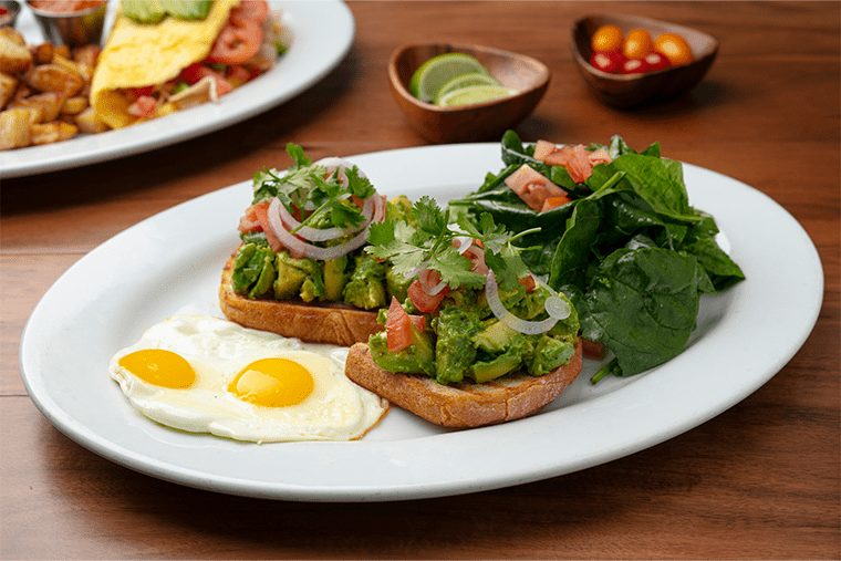 Whole Avocado Toast with Two Eggs any style make for a hearty and healthy breakfast, especially as Panini Kabob Grill provides a whole avocado with each toast.