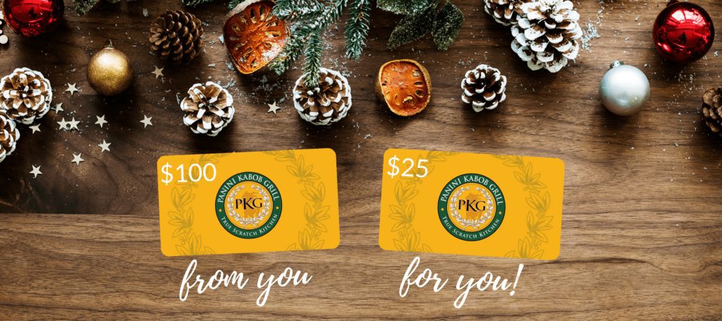 Get a free $25 gift card each time you buy $100 in gift cards at any Panini Kabob Grill restaurant through December 31st, 2021.